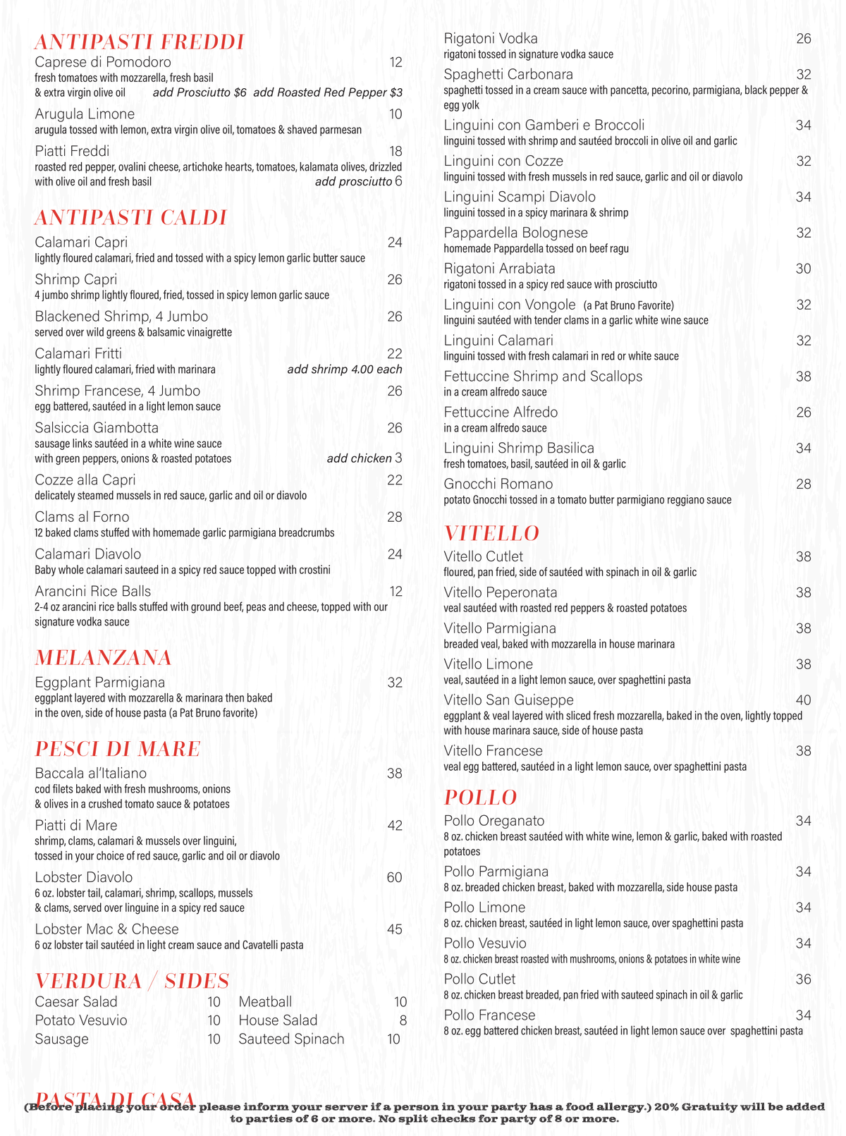 Coastal Capri Menu